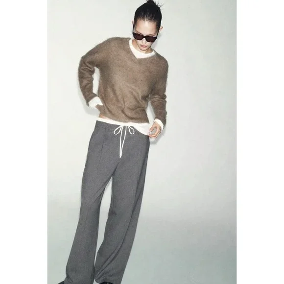 ZARA Trouser Wide Leg Pants Double Elastic Waist Drawstring Gray  L Tailored - Picture 3 of 8